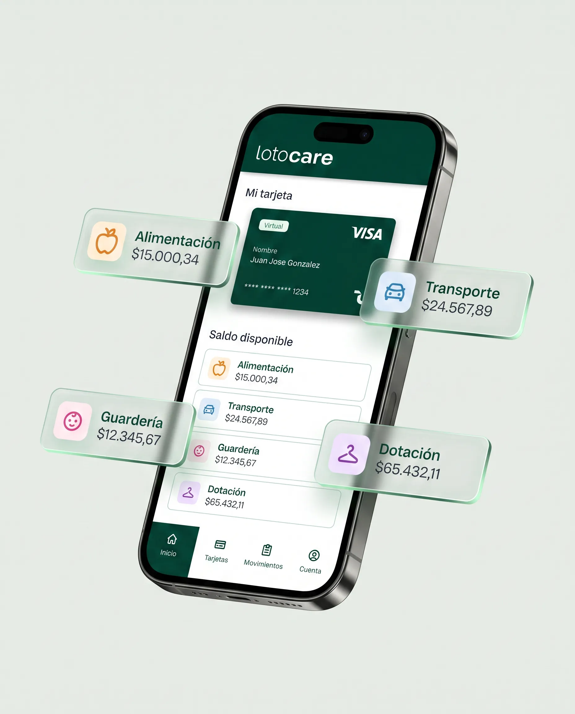 App LotoCare en un teléfono mostrando los bolsillos disponibles